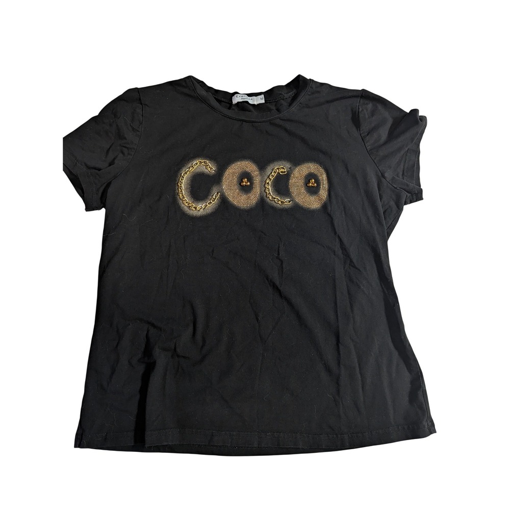 Everlynn Apparel COCO Rhinestone Graphic Tee Black M Cotton Chain Detail Flaw